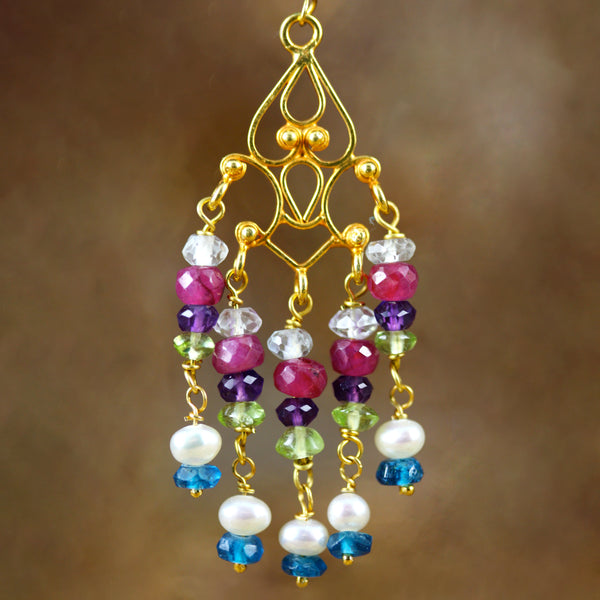 Sahana Earrings - 18K Solid Gold Dangle, Ruby, Amethyst, Peridot, Pearls