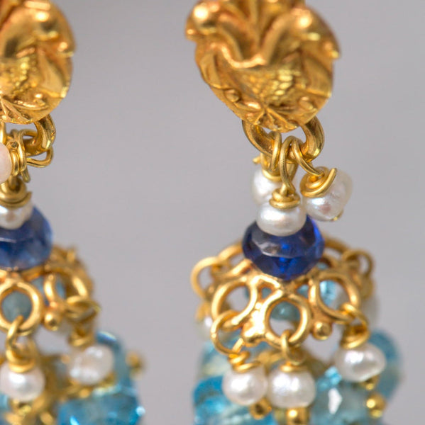 Aparna Earrings - 18K Solid Gold Dangle, Floral Motif, Lapis, Topaz, Pearls
