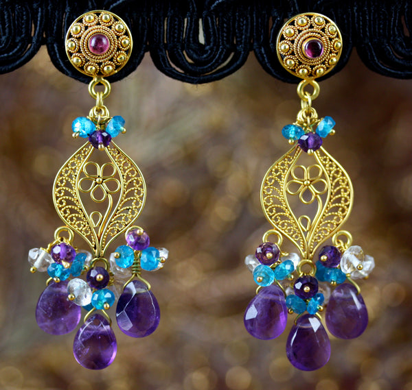 Riya Earrings - 18K Gold, Amethyst, Aquamarine, Apatite