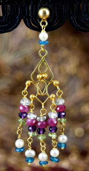 Sahana Earrings - 18K Solid Gold Dangle, Ruby, Amethyst, Peridot, Pearls