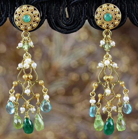 Tara Earrings - 18K Solid Gold Post Earrings w/ Ornate Dangle. Emerald, Peridot, Aquamarine, Pearls