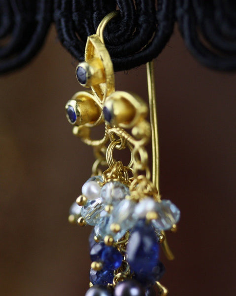 Chamunda Earring - 18K Solid Gold Dangle, Ornate Floral Ear Wire, London Blue Topaz, Kyanite, Pearls
