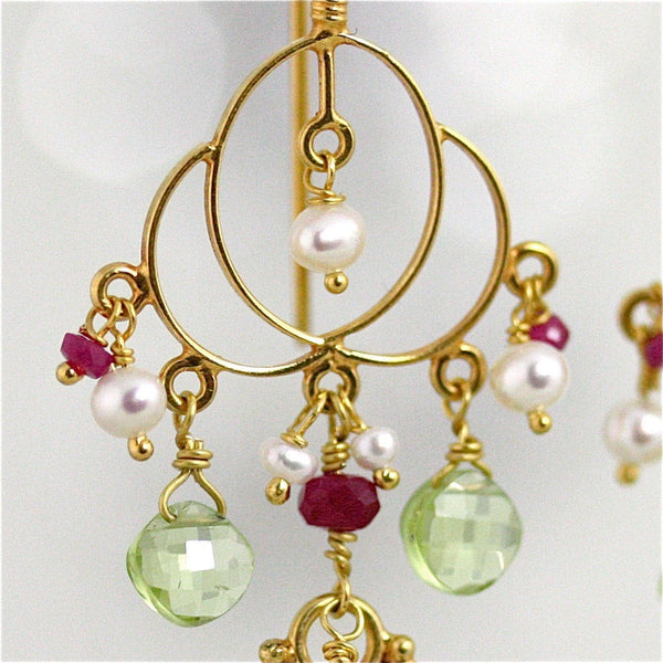 Kamala Earrings - 18K Solid Gold Chandelier, Peridot, Ruby, Pearl