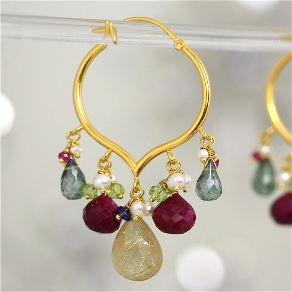 Saraswati Earring - 18 Karat Solid Gold Hoop, Rutilated Quartz, Ruby, Peridot, Pearls