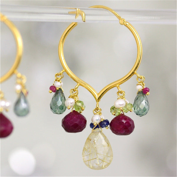 Saraswati Earring - 18 Karat Solid Gold Hoop, Rutilated Quartz, Ruby, Peridot, Pearls