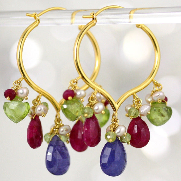 Lakshmi Earrings - 18 Karat Soiid Gold Hoop, Tanzanite, Ruby, Peridot, Pearls