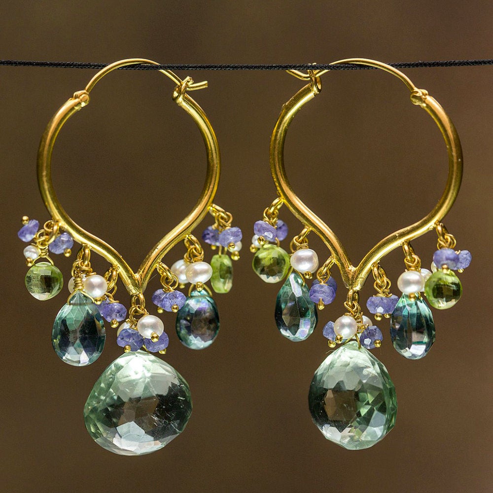 Guyatri Earrings - 18 Karat Solid Gold Hoop, Green Amethyst, Quartz, Peridot, Pearls