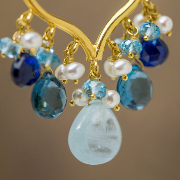 Parvati Earrings - 18 Karat Solid Gold Hoops, Aquamarine, Topaz, Kyanite, and Pearls