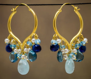 Parvati Earrings - 18 Karat Solid Gold Hoops, Aquamarine, Topaz, Kyanite, and Pearls