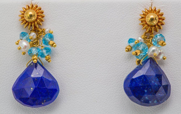Bhavani Earrings - 18K Solid Gold Post, Lapis, Blue Topaz, Pearls